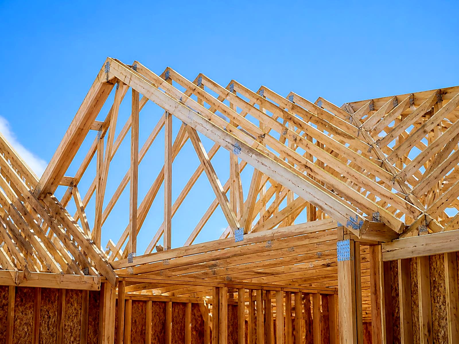 Roof truss framing set and braced against a clear blue sky