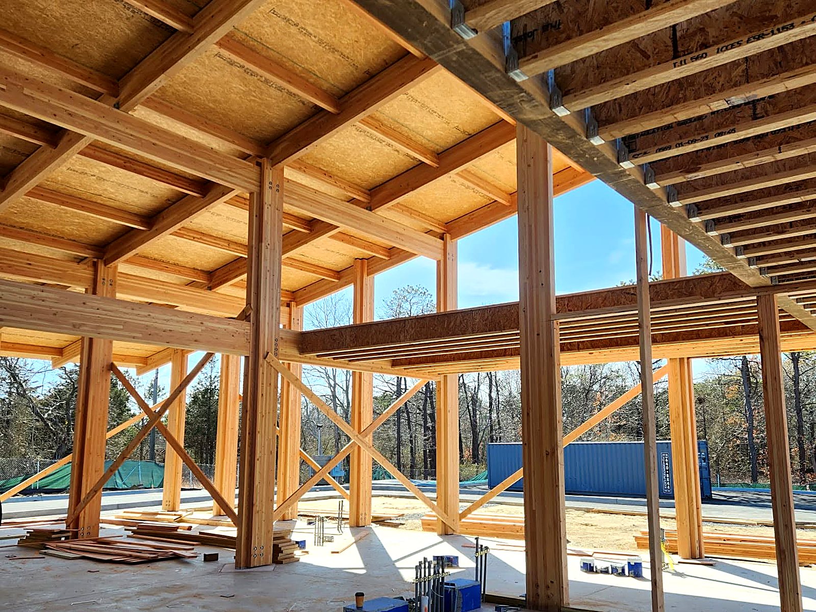 Interior view of timber columns and engineered floor joists