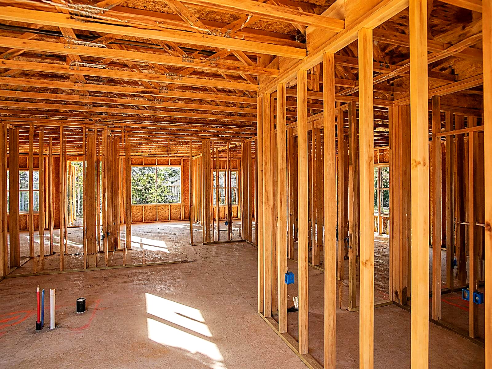 Interior wood stud framing and ceiling joists in a new residential build