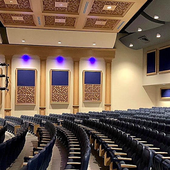Wood ceiling grid and matching acoustic wall panels in a finished assembly hall
